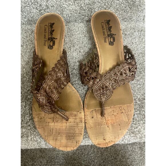 Coach and Four by Coach Bronze Woven Wedge Thong Sandals, 9 - Picture 1 of 5